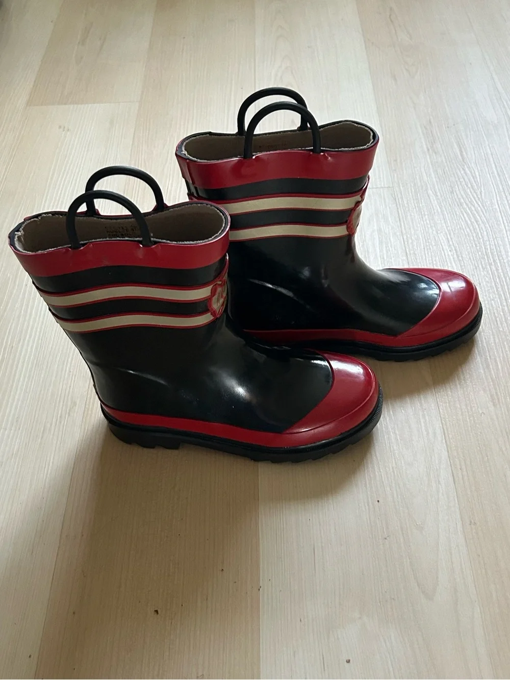 Kids Waterproof Black and Red Firehouse Rain Boots with Handles